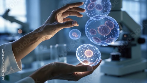 Wallpaper Mural Scientist manipulating holographic cell models in a laboratory setting, symbolizing advanced biological research and cellular study. Torontodigital.ca