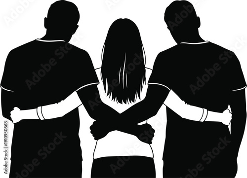 Friendship and Support Concept Silhouette of Three People Standing Together with Arms Around Each Other