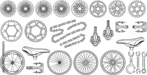Big collection of hand drawn bicycle parts and tools vector illustration including wheels gears chains and pedals isolated on white background