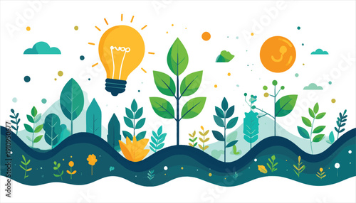 vector Sustainable Environment with Lightbulb and Plants