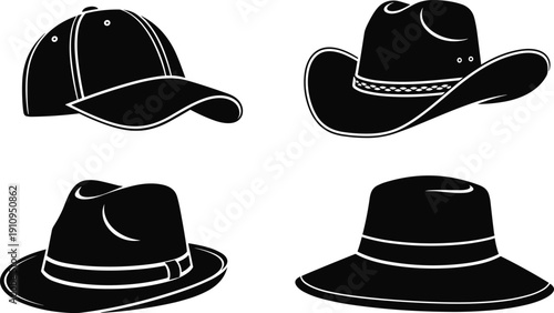Hat Silhouette Set Featuring Baseball Cap Cowboy Hat Fedora and Wide Brim Vector Illustration Collection
