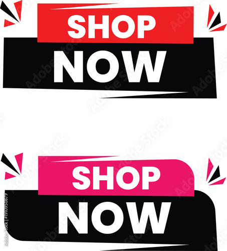 A colorful graphic design featuring two shop now buttons with red, pink, and black colors on a white background