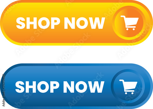 Two colorful shop now buttons with shopping carts on a white background for e-commerce and online shopping