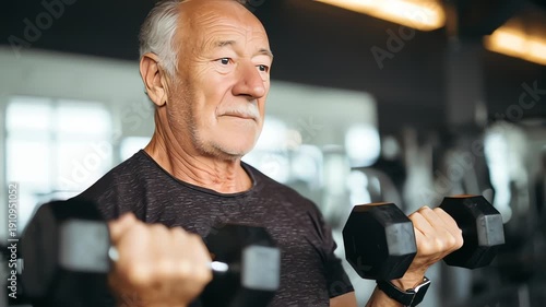 Senior man lifting dumbbells at gym.