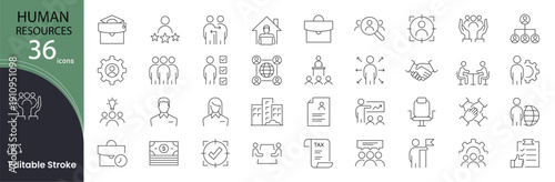 Human Resources icon set. HR and management related line icons. employee, recruitment, teamwork, interview, training, payroll, organization, leadership, and career Editable stroke. 