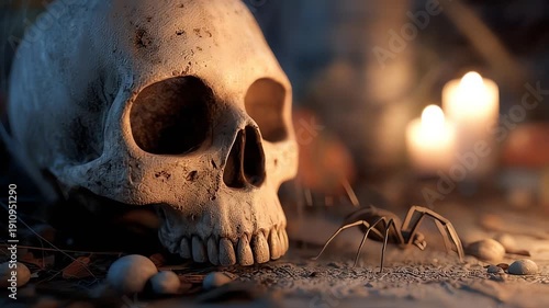 Skull and spider on wooden table.
