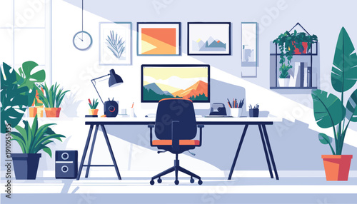 vector Modern home office workspace with desk chair and plants in a minimalis