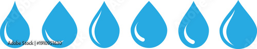 Six teardrop shaped water droplets in a row on white background