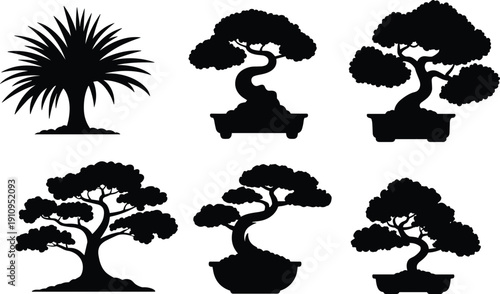 Bonsai tree silhouette collection, Japanese miniature plant set, black decorative potted trees isolated on white background vector illustration