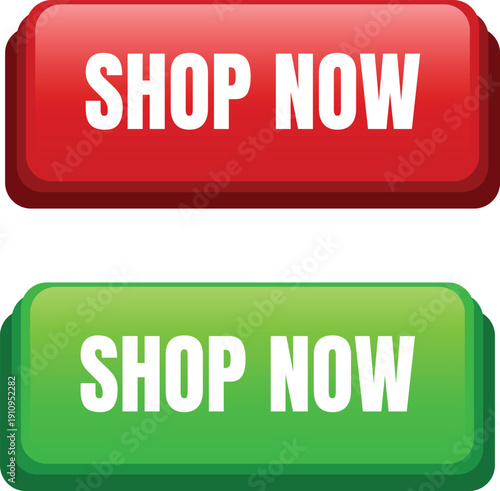 A colorful graphic illustration of two shop now buttons in red and green on a white background