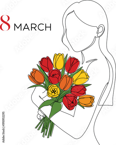 Minimalist Line Art Woman Holding Tulips, 8 March, Women’s Day Illustration
