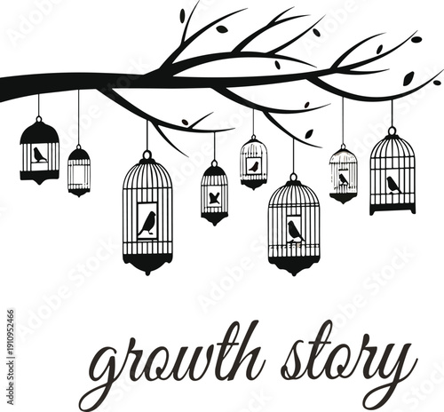 Artistic silhouette of a bare tree branch with multiple birdcages hanging and a bird inside each cage with text growth story