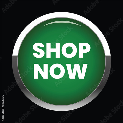 A green button with a silver border and the words 'SHOP NOW' in white text 