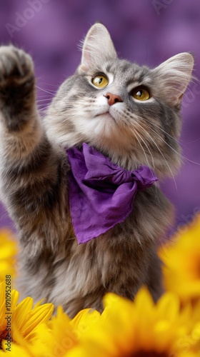 Cute fluffy cat with purple bow among sunflowers