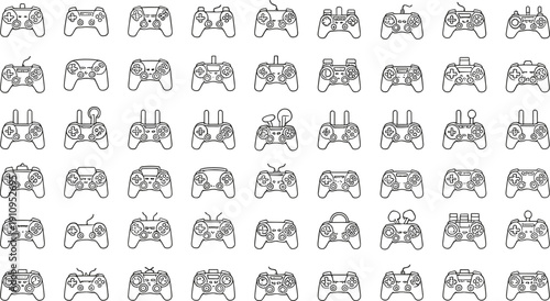 Hand Drawn Game Controller Icon Set with Various Joystick Designs Gaming Devices and Console Accessories Outline Vector Collection