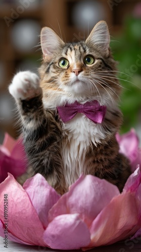 Fluffy cat in pink flower with bow tie