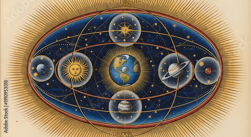 An artistic representation of the solar system, showcasing the sun at the center with planets orbiting around it in an ornate, celestial diagram