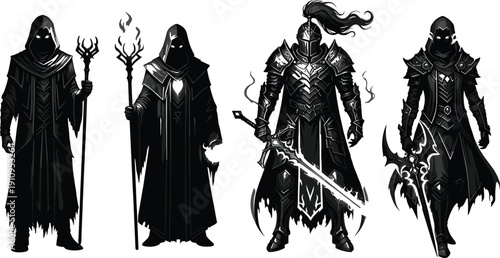 Set of black silhouette fantasy characters featuring hooded mages with magic staffs and armored knights with swords for RPG games and medieval adventure,