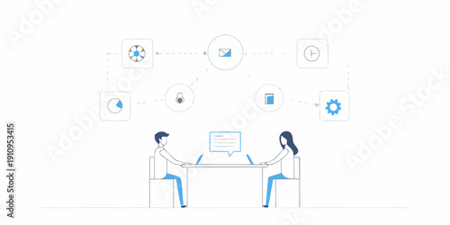 Team collaboration and data flow illustrated with a modern linear design
