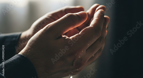 A close-up shot of two cupped hands, possibly holding water or receiving something, with a soft, natural light illuminating them.