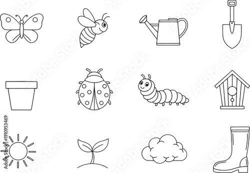 Cute Garden and Nature Line Art Icons Collection  Insects, Plants, Tools, Weather Elements