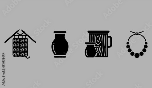 Ancient pottery and jewelry silhouettes on a gray background with simple designs.