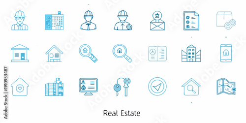 Collection of blue line icons representing real estate and construction