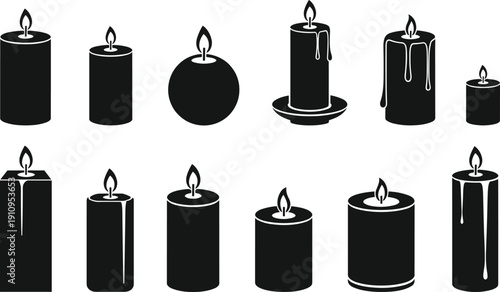 Set of Black Silhouette Vector Icons Featuring Burning Candles with Flames and Melting Wax for Decoration, Memorial Service, Relaxation and Celebration Events