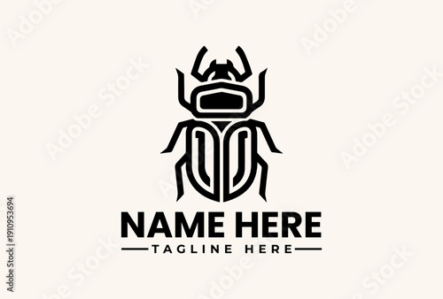 A black beetle logo illustration with 'NAME HERE' and 'TAGLINE HERE' text on a beige background, featuring a stylized vector graphic design.