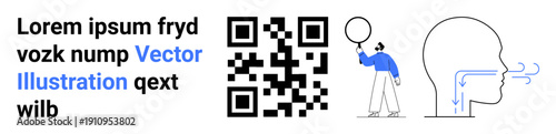 QR code design, person examining with magnifying glass, outlined human head showing airflow. Ideal for technology, communication, science, information, analysis, education simple landing page