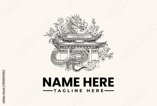 A grayscale illustration of a dragon logo with a building, surrounded by foliage, and a placeholder text for 'NAME HERE' and 'TAGLINE HERE' on a beige background with a mix of detailed and