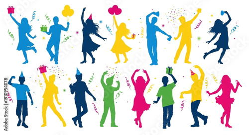 Colorful Silhouettes Dancing with Confetti.