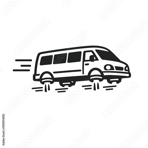 Flying minibus illustration – futuristic hover van in motion, black and white vector