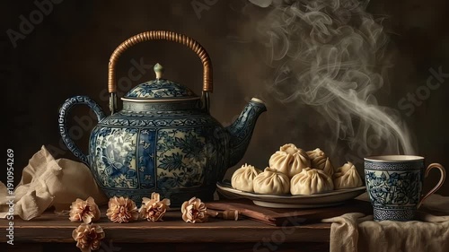Traditional Chinese tea and dumplings still life.