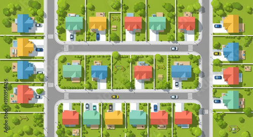 Colorful Suburban Neighborhood Aerial View.