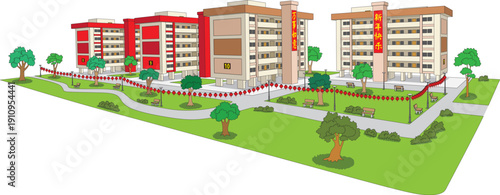 A neighborhood scene of Singaporeans celebrating Chinese New Year. Lanterns hang on strings tied to lampposts, and red banners greet residents.