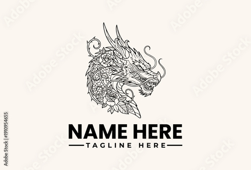 A black and white illustration of a dragon's head with a placeholder text for a name and tagline on a beige background, featuring a logo, vector, icon design.