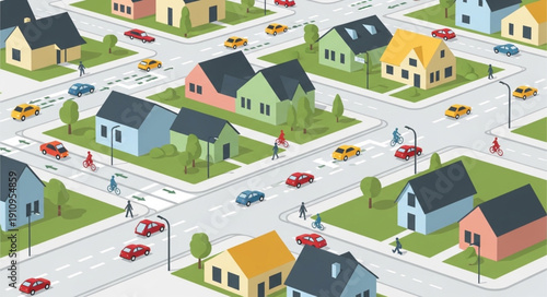 Colorful Suburban Neighborhood Scene with Houses.