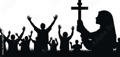 Set of Black Silhouette Vector Illustrations Featuring a Woman Holding a Cross and People Worshipping for Christian Religion Faith and Church Community Designs,