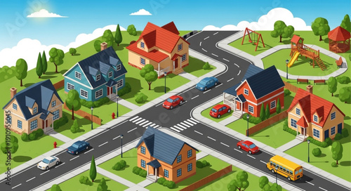 Colorful Suburban Neighborhood Scene with Houses.