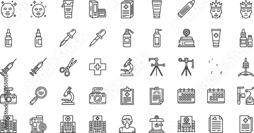 Hand Drawn Healthcare and Laboratory Icon Set with Medical Tools Skincare Products Microscopes Doctors and Clinic Equipment Outline Vector Collection