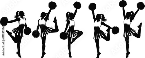 Set of Black Silhouette Vector Illustrations Featuring Active Cheerleaders Dancing and Jumping with Pom Poms for Sports Support and Youth Energy Designs