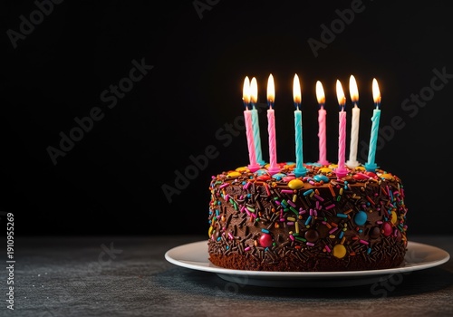 A brightly lit chocolate layer cake decorated with colorful sprinkles and lit candles, ready for a special celebratory moment ,confectionery ,delight ,surprise