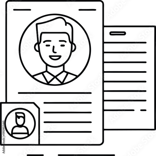Professional Resume and Identity Profile Line Icon Vector Illustration: Outline Design for Job Application, HR Management, Personal Data, and Candidate Selection Process