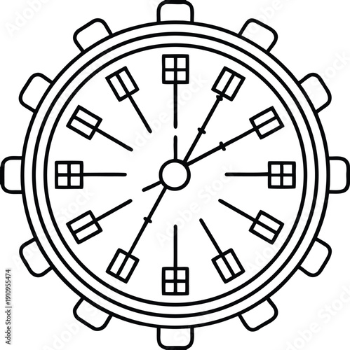 Mechanical Clock Line Icon: Simple Black Outline Vector Illustration of a Timepiece Dial with Gear Edges, Representing Scheduling, Precision, and Old Clockwork Mechanism.