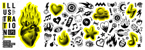 Punk rock music doodle grafitti. Collage halftone tattoo, crayon punk rock retro element. Pop music collage cutout sticker, halftone art set. Grunge y2k hand drawn grafitti. Heart, fire, eye, skull dj