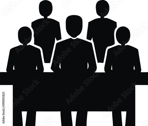 Professional Business Meeting Icon: Vector Silhouette of Five People Seated at Conference Table – Teamwork, Collaboration, and Corporate Discussion Symbol for Websites and Apps
