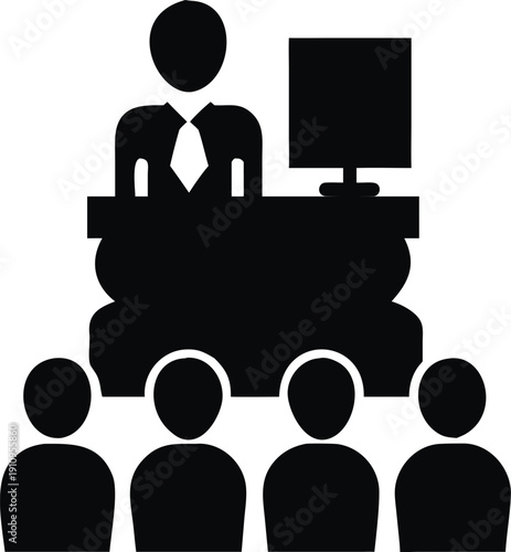 Business Presentation or Seminar Icon: Professional Speaker Behind Desk Addressing Audience Group | Corporate Meeting, Training, and Education Glyph Vector Illustration in Minimalist Black Silhouette 