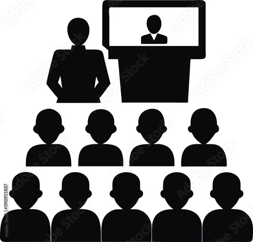 Hybrid Conference Presentation Vector Icon: Speaker at Podium Addressing Audience, Digital Screen Displaying Remote Attendee | Corporate Seminar, Training, and Webinar Symbol