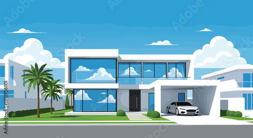 Modern flat vector illustration of luxury two-story house with glass windows, carport, palm trees, and green lawn, showing clean architecture and premium suburban lifestyle